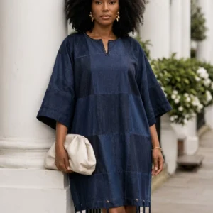 eki upcycled patchwork denim dress