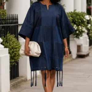 eki upcycled patchwork denim dress