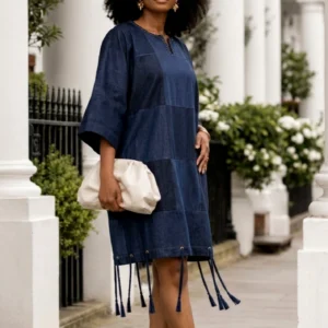 eki upcycled patchwork denim dress
