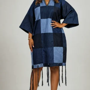 eki upcycled patchwork denim dress